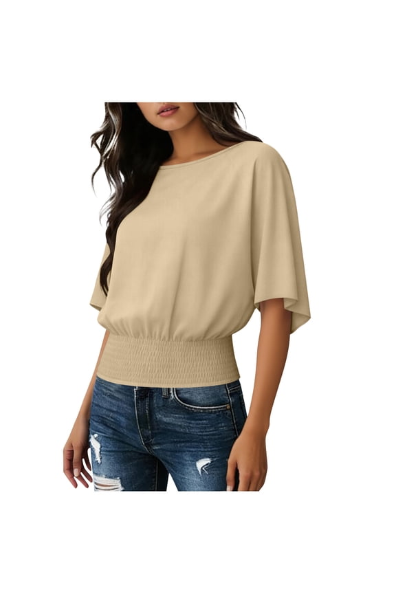 Women's Casual Short Sleeve Top Loose Fit Boat Neck Solid Top the Hem with Elastic Drawstring Khaki
