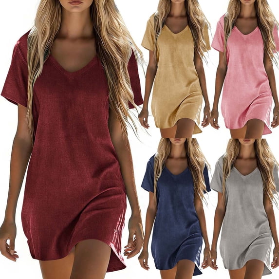 Miluxas Women's Casual Short Sleeve V Neck Tee Shirt Dress Basic Solid A Line Mini Dresses Cotton Linen Fabric Red