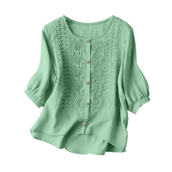 Miluxas Women's Casual Solid Boho Embroidered Blouse 3/4 Puff Sleeve Round Neck Button Down Loose Fit Summer Tops Mint Green