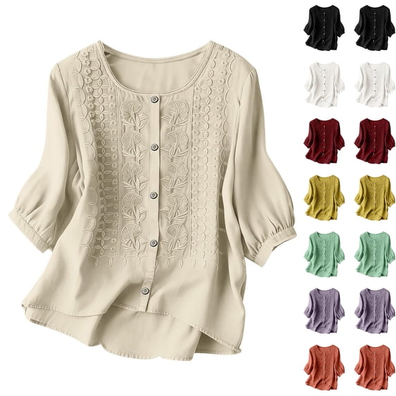 Miluxas Women's Casual Solid Boho Embroidered Blouse 3/4 Puff Sleeve Round Neck Button Down Loose Fit Summer Tops Yellow