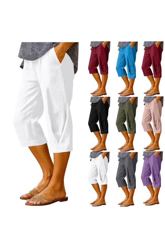 Women's Casual Textured Capri Pants Taperd Hem Loose Fit Summer Cropped Pants with Pockets White