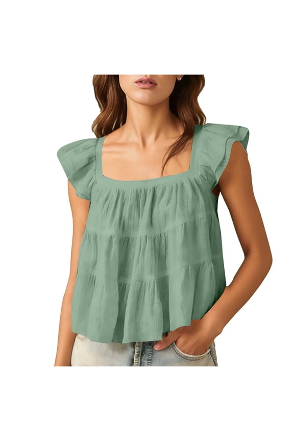Women's Casual Trendy Tops Women's Square Neck Casual Solid Color Ruffle Trim Tops Mint Green S(S)