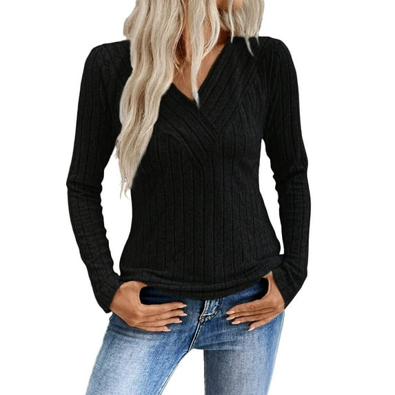 Miluxas Women's Casual V Neck Long Sleeve Sweater Trendy Solid Color Pullover Knit Sweaters Shirts Black XXL(XXL)