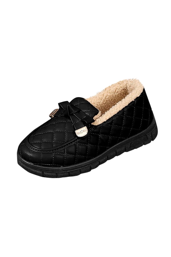 Women's Casual Versatile Cool British Style Bow Loafers Round Toe Shoes Fall and Winter Style Comfortable High-End Fleece-Lined Warm. Black 6(37)