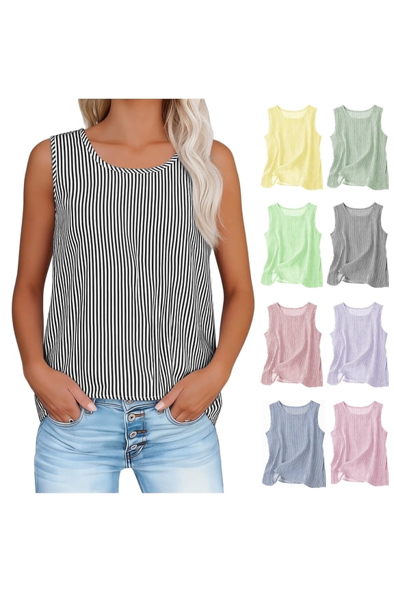 Women's Casual Vertical Striped Sleeveless Blouse Round Neck Loose Fit Lightweight Tank Top for Summer Daily Wear Yellow