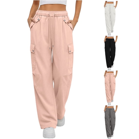 Miluxas Women's Casual Wide Leg Cargo Pants Elastic Waist Drawstring Lightweight Trousers with Pockets for office Daily Wear White