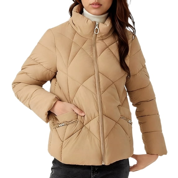 Miluxas Women's Causal Lightweight Quilted Jackets Solid Color Long Sleeve Oversized Warm Winter Zip up Coat with Pockets Khaki L(L)