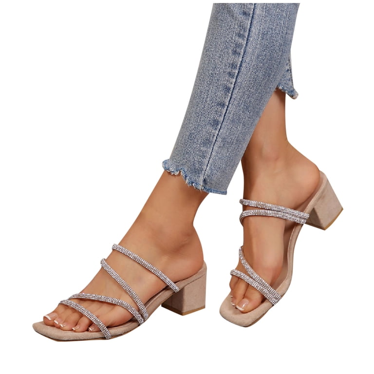 Miluxas Women's Chunky Block Heels Strappy Rhinestone Sandals Wedding formal Prom Party Dress Shoes Khaki 6(37), Gray