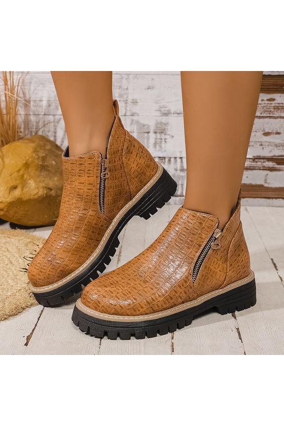 Women's Chunky Heel Ankle Boots Platform Lug Sole Short Booties with Side Zipper Winter Fall Dressy Shoes Vintage Walking Shoes Brown 6.5(38)
