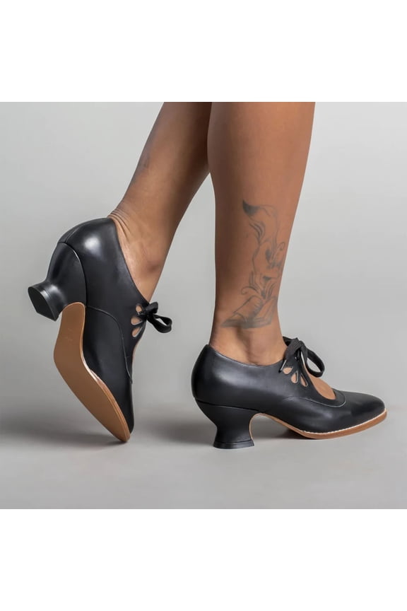 Women's Chunky Heel Lace Up Pointed Toe Mid Chunky Heel Casual Saddle Shoes Comfortable High Heel Pumps Shoes Black 9.5(43)