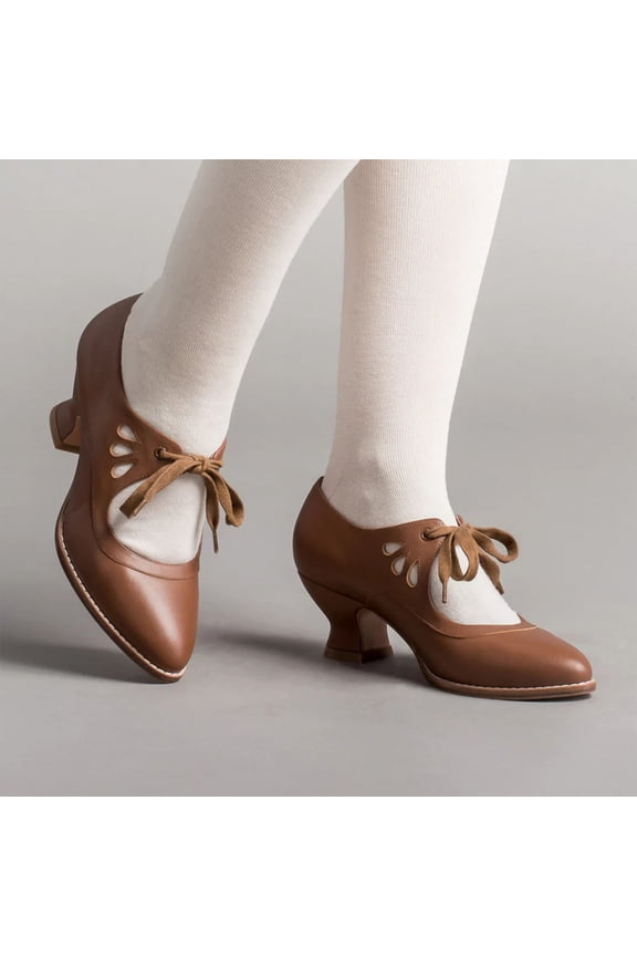 Women's Chunky Heel Lace Up Pointed Toe Mid Chunky Heel Casual Saddle Shoes Comfortable High Heel Pumps Shoes Brown 5.5(36)