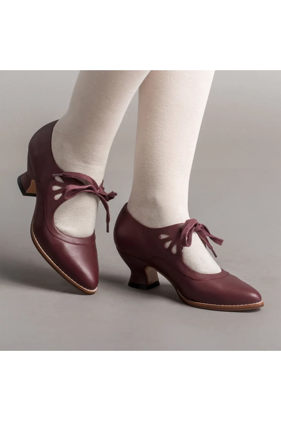 Women's Chunky Heel Lace Up Pointed Toe Mid Chunky Heel Casual Saddle Shoes Comfortable High Heel Pumps Shoes Red 6(37)
