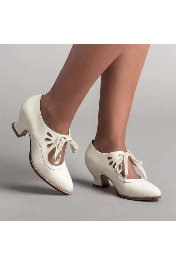 Women's Chunky Heel Lace Up Pointed Toe Mid Chunky Heel Casual Saddle Shoes Comfortable High Heel Pumps Shoes White 9(42)