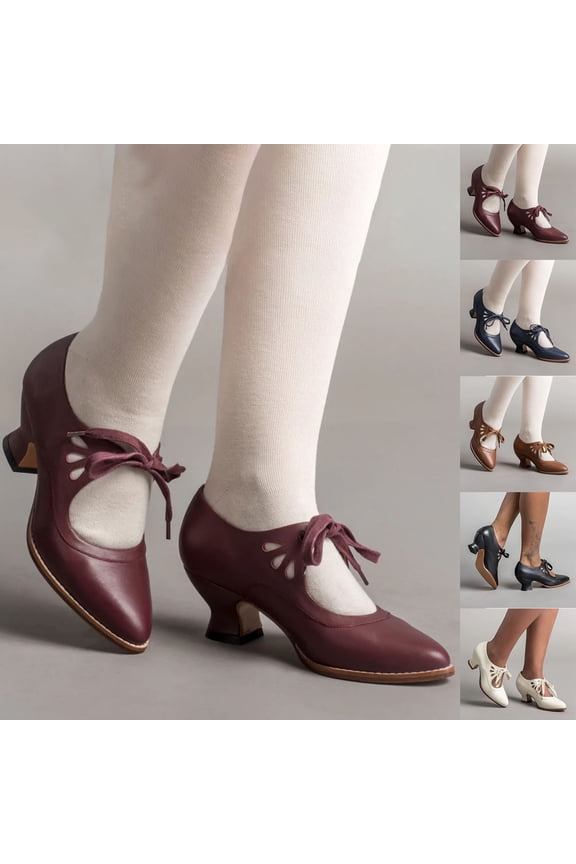 Women's Chunky Heel Lace Up Pointed Toe Mid Chunky Heel Casual Saddle Shoes Comfortable High Heel Pumps Shoes White 9.5(43)