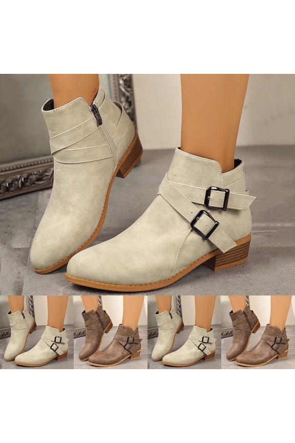 Women's Chunky Low Heel Ankle Boots Classic Solid Color Pointed Toe Side Zipper Booties Khaki 9.5(43)