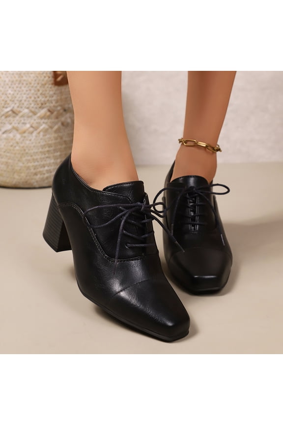 Women's Chunky Mid-Heel Shoes Pointed Toe Lace-up Vintage Dress Pumps Shoes Black 9(42)