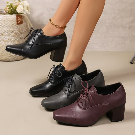 Miluxas Women's Chunky Mid-Heel Shoes Pointed Toe Lace-up Vintage Dress Pumps Shoes Wine 9.5(43)