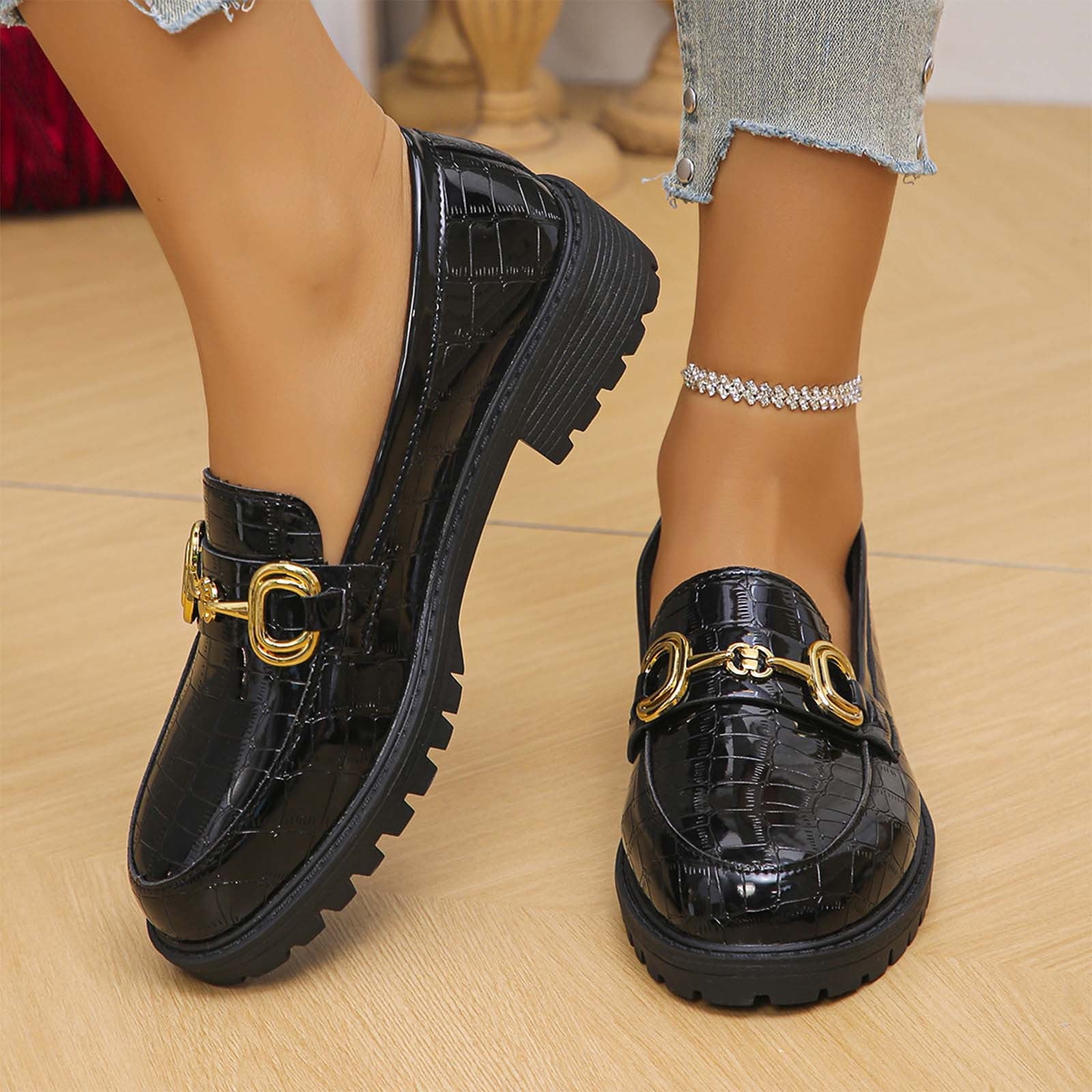 Miluxas Women's Chunky Platform Loafers with Chain or Buckle Patent ...