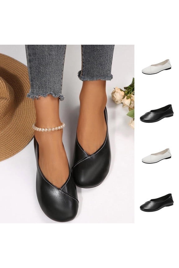 Women's Classic Ballet Flats – Soft Leather Round Toe Slip-Ons with Side Cut-Out, Comfortable Low Heel Dress Shoes White 44