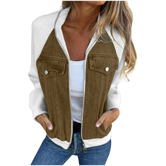 Miluxas Women's Classic Casual Hoodless Denim Jacket Zip up Layered Jean Jacket Sweatshirts Khaki 10(XL)