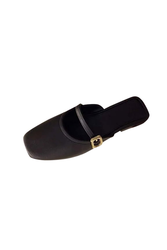 Women's Classic Fashion Baotou Soft Leather Buckle Slippers Walking Comfortable Soft Non-Slip Backless Flat Shoes Black 36