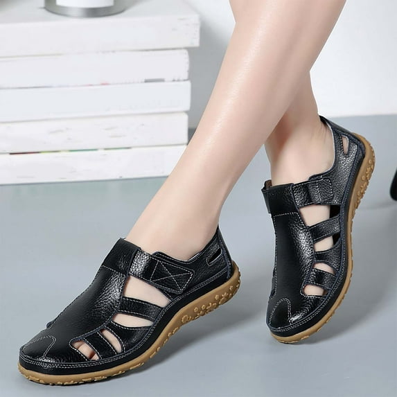Miluxas Women's Classic Leather Casual Loafer Sandals Cute Slip-On Fashion Closed Toe Flat Sandal Comfy Work Sandal Everyday Walking Shoe Black 6.5(38)