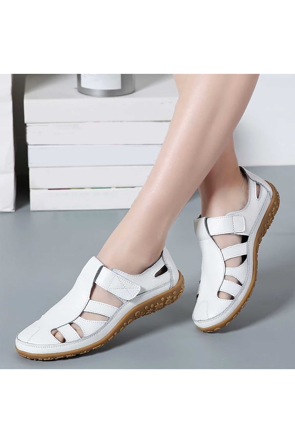Women's Classic Leather Casual Loafer Sandals Cute Slip-On Fashion Closed Toe Flat Sandal Comfy Work Sandal Everyday Walking Shoe White 7.5(40)