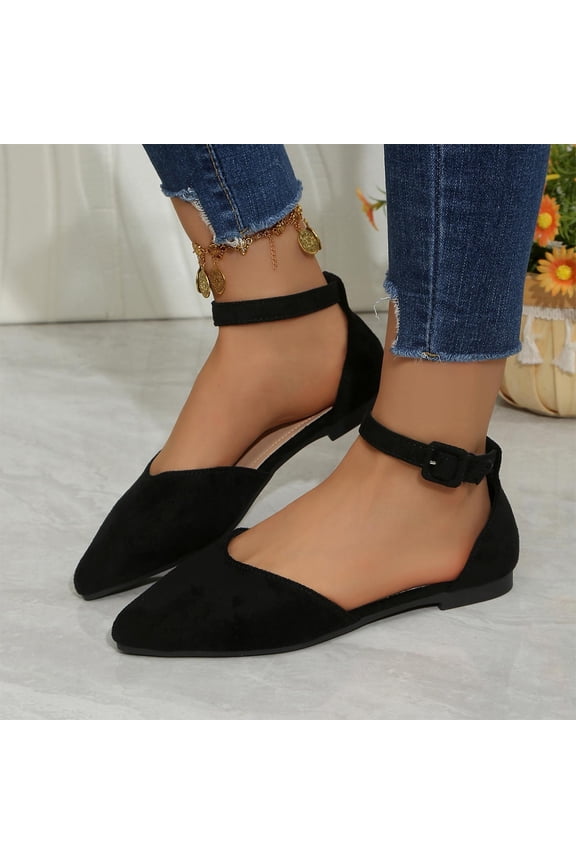 Women's Classic Point Toe Ankle Strap Flat Shoes, Suede Cutout Slip On Flats, Elegant formal Casual Dress Footwear Black 7(39)