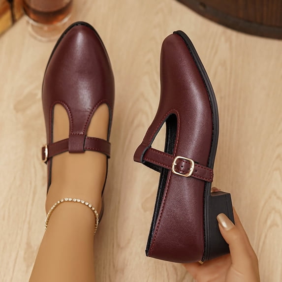Miluxas Women's Classic Square Toe T-Strap Penny Loafers Leather Flat Low Heel Mary Jane Dress Shoes Wine 8.5(41)