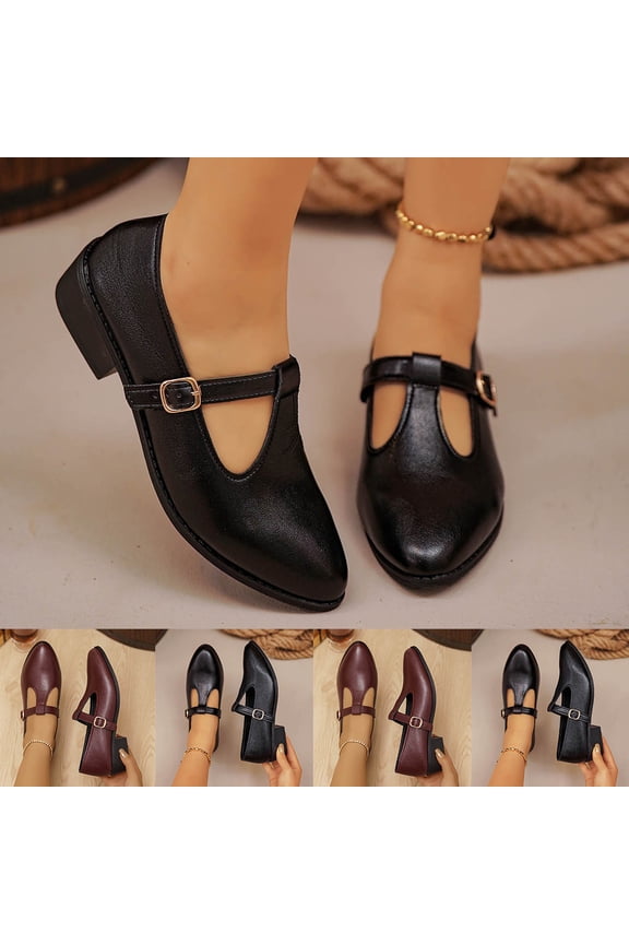 Women's Classic Square Toe T-Strap Penny Loafers Leather Flat Low Heel Mary Jane Dress Shoes Wine 9.5(43)