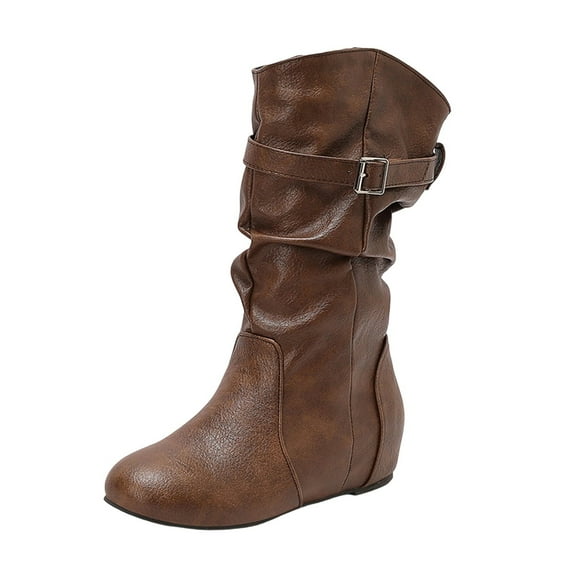 Miluxas Women's Closed Round Toe Buckle Side Zip Buckle Inner Height-Enhancing Flat Heel Mid-Calf Boot Brown 7.5(40)