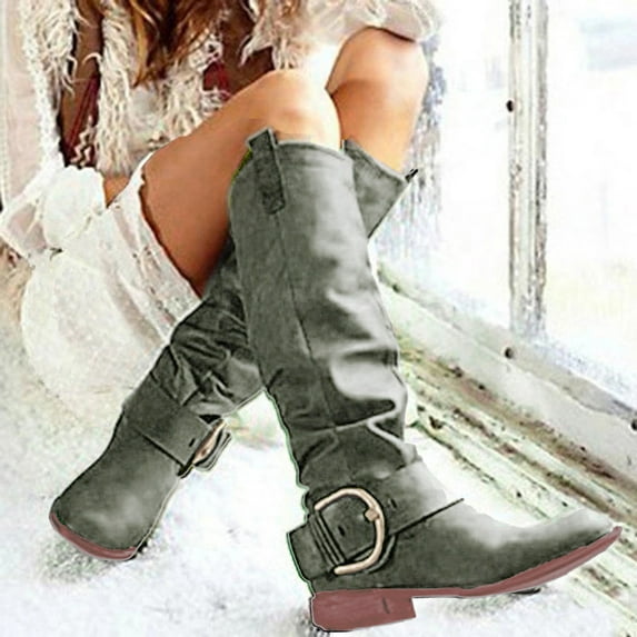 Miluxas Women's Closed Round Toe Buckle Slouch Flat Heel Mid-Calf Boot Clearance Green 8(39)