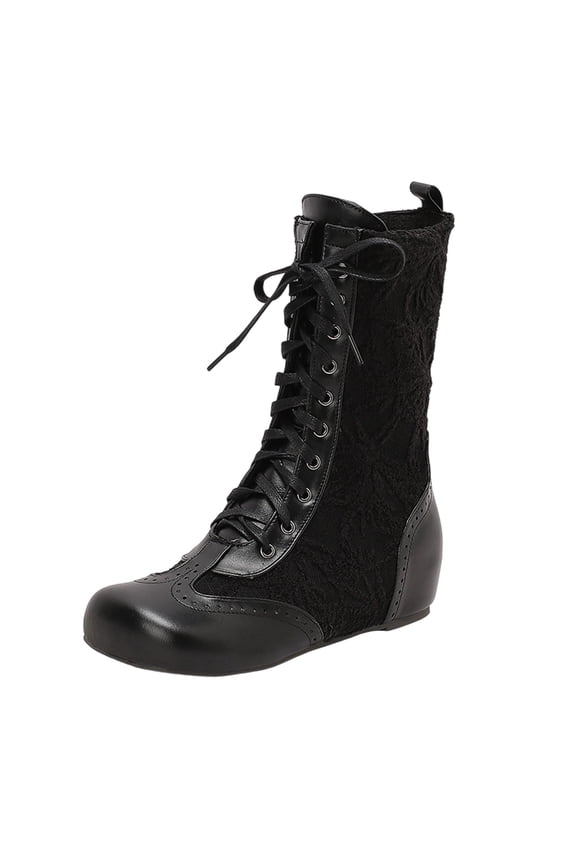 Women's Closed Round Toe Lace up Fashionable Casual Versatile Winter Flat Heel Mid-Calf Boot Black 8.5(41)