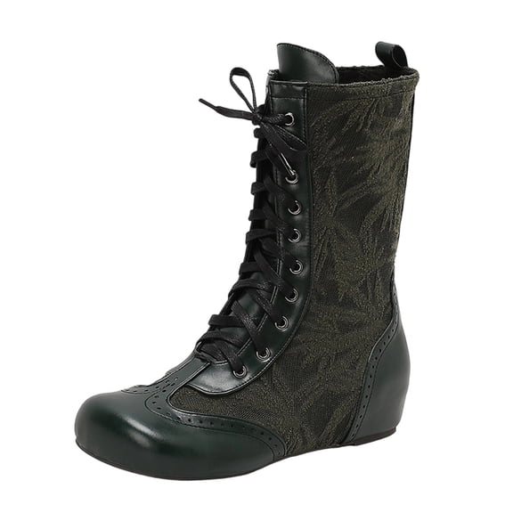 Miluxas Women's Closed Round Toe Lace up Fashionable Casual Versatile Winter Flat Heel Mid-Calf Boot Green 7(39)