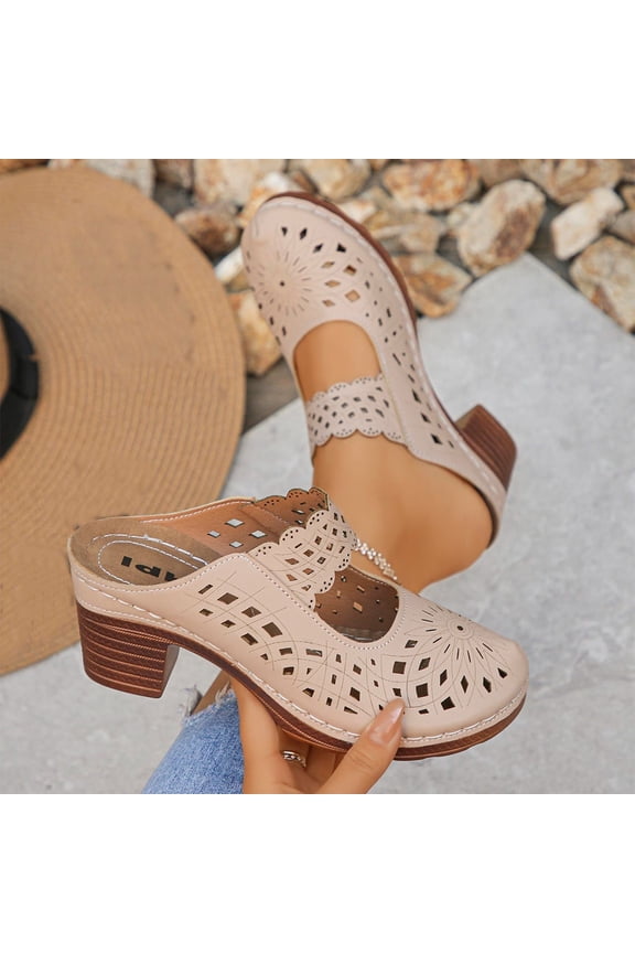 Women's Closed Toe Chunky Heel Sandals Slip On Block Heel Walking Slides Mules Dressy Summer Hollow Out Comfort Slippers Outdoor Platform Heel Sandals Beige 5.5(36)