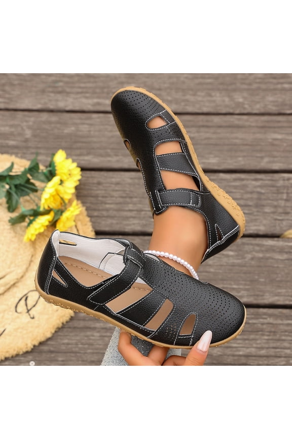 Women’s Closed Toe Cutout Fisherman Sandals, Adjustable Hook and Loop Strap Breathable Leather Flat Walking Shoes, Comfy Walking Shoes Black 9.5(43)