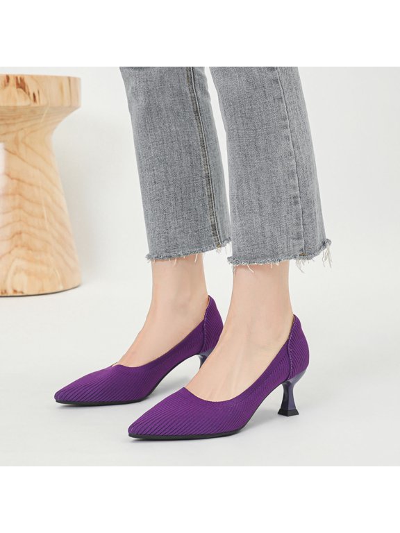 Women's Closed Toe Low Kitten Pumps Comfortable Pointed Toe Work office Heels Shoes for Women Casual Slip On Knitted Kitten Heels Daily Dress Shoes Purple 8.5(41)