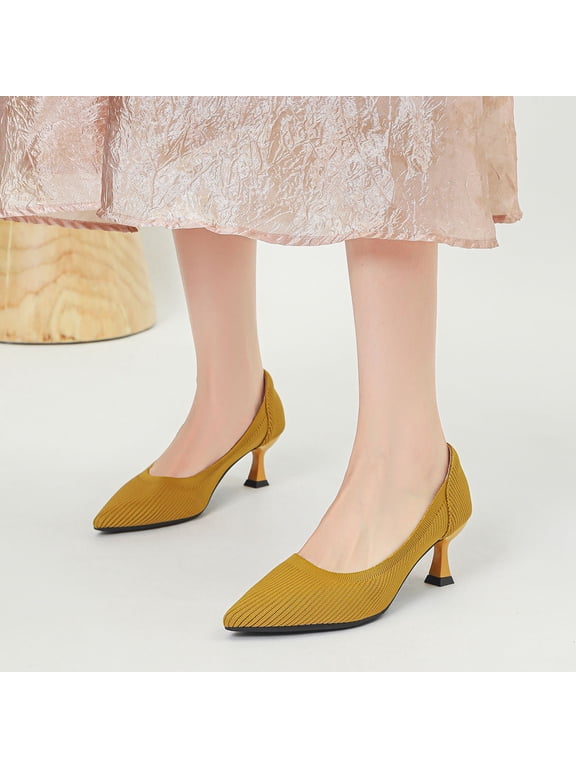 Women's Closed Toe Low Kitten Pumps Comfortable Pointed Toe Work office Heels Shoes for Women Casual Slip On Knitted Kitten Heels Daily Dress Shoes Gold 9.5(43)