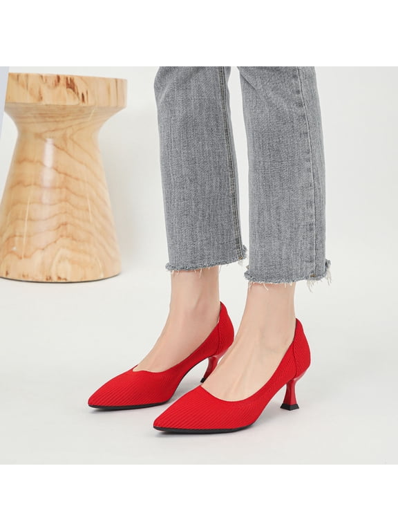 Women's Closed Toe Low Kitten Pumps Comfortable Pointed Toe Work office Heels Shoes for Women Casual Slip On Knitted Kitten Heels Daily Dress Shoes Red 6.5(38)