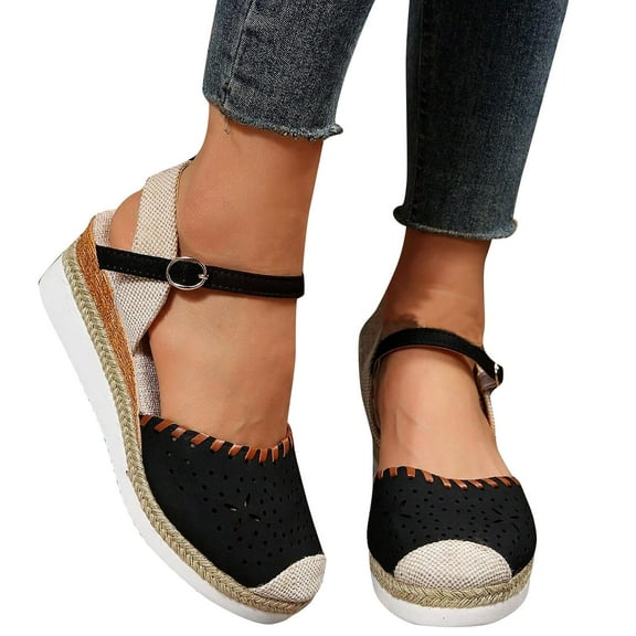 Miluxas Women's Closed Toe Platform Sandals Summer Buckle Ankle Strap Espadrilles Wedge Sandals Black 8.5(41)