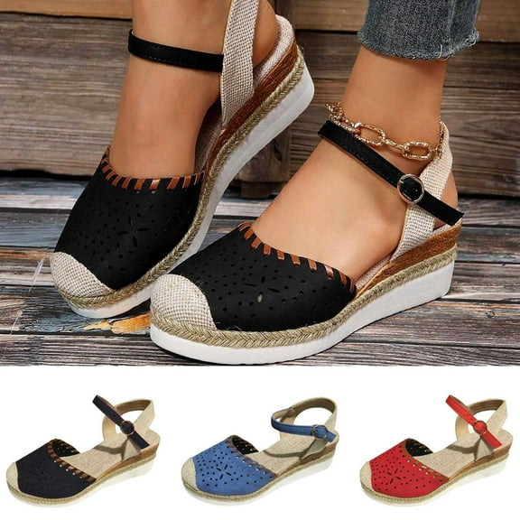 Miluxas Women's Closed Toe Platform Sandals Summer Buckle Ankle Strap Espadrilles Wedge Sandals