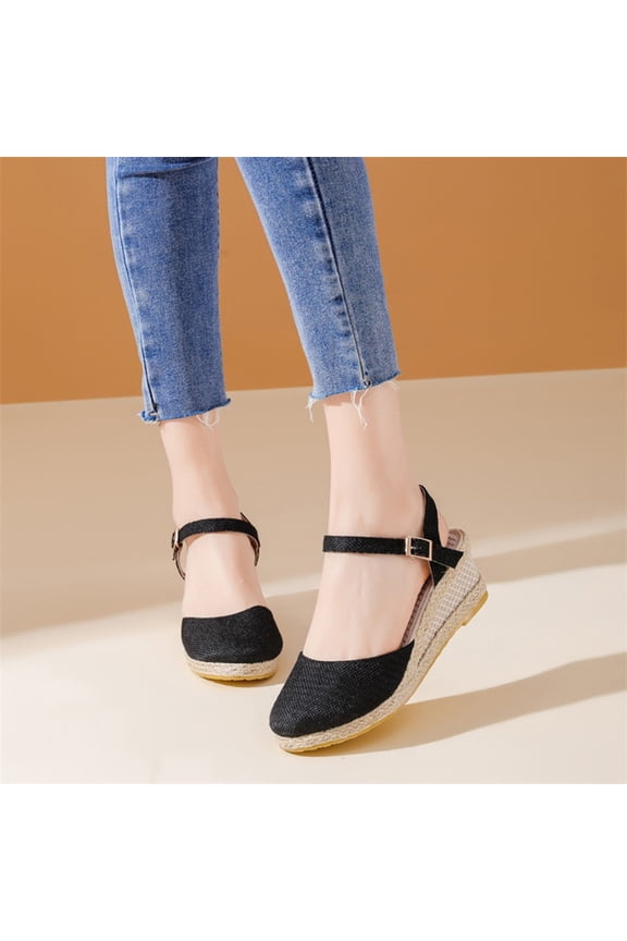 Women's Closed Toe Platform Sandals Summer Buckle Ankle Strap Espadrilles Wedge Sandals Black 5.5(36)