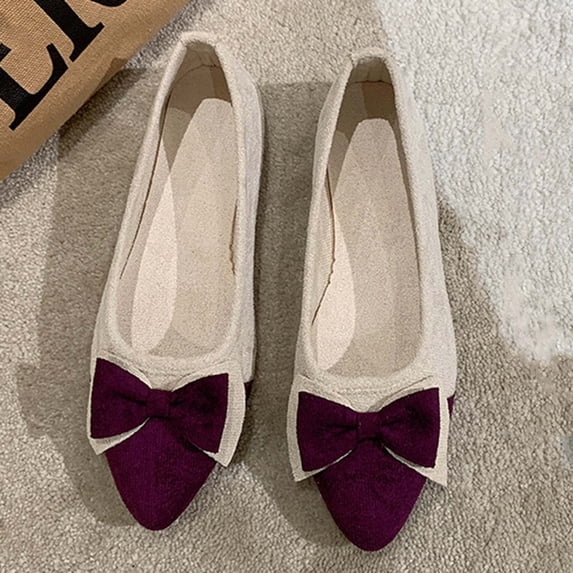 Miluxas Women’s Color Block Bow Pointed Toe Ballet Flats, Slip On Casual Dress Shoes, Soft Cushioned Walking Loafers Purple 7(39)