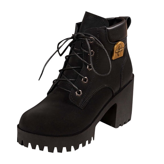 Miluxas Women's Combat Ankle Boots Waterproof Fashion Casual Lace up Mid Heel Fall Boots Ladies Anti-Slip Lightweight Outdoor Work Booties Black 5.5(36)