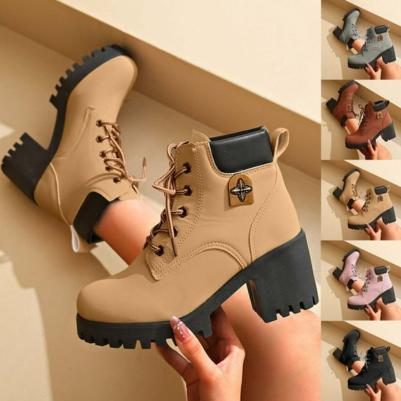 Miluxas Women's Combat Ankle Boots Waterproof Fashion Casual Lace up Mid Heel Fall Boots Ladies Anti-Slip Lightweight Outdoor Work Booties Yellow 9(42)