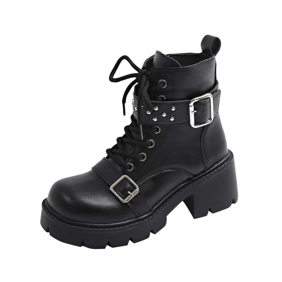 Miluxas Women's Combat Boots Chunky Lug Sole Ankle Boots Lace up Belt Buckle Side Zipper Casual Shoes Black 8.5(41)