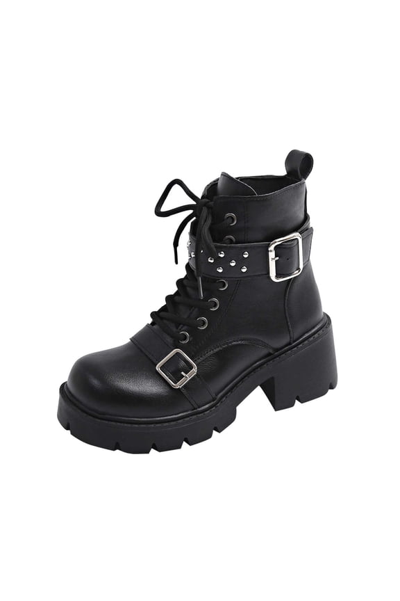 Women's Combat Boots Chunky Lug Sole Ankle Boots Lace up Belt Buckle Side Zipper Casual Shoes Black 9.5(43)