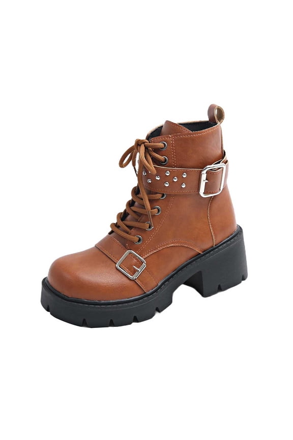Women's Combat Boots Chunky Lug Sole Ankle Boots Lace up Belt Buckle Side Zipper Casual Shoes Brown 5.5(36)
