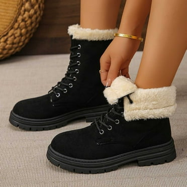 Miluxas Women’s Combat Boots Clearance Warm Fur Lined Winter Snow Boots for Women Lace Up Mid-Calf Fashion Booties Black 6.5(38)