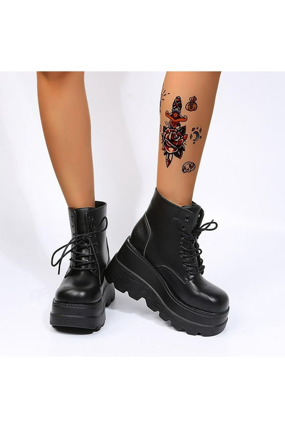 Women’s Combat Boots Lace up Low Calf Boots Low Heel Chunky Platform Lug Sole Boots Black 6.5(38)